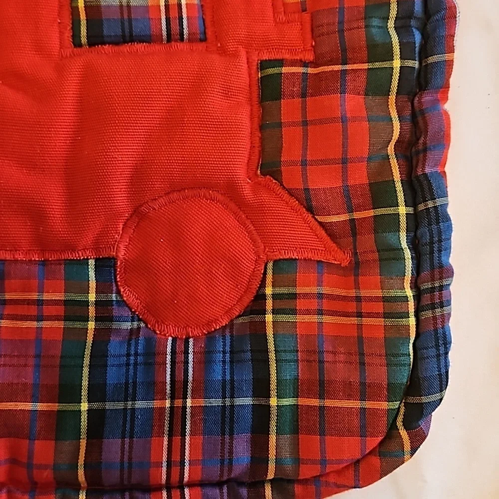 Hand Crafted upcycled bids 2pc-Set double-sided train plaid quilted embroidered